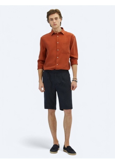 Lacivert Dokuma Carrot Fit Casual Bermuda Lacivert