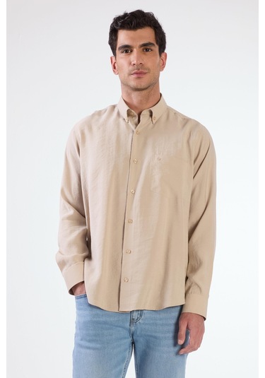 Bej Modal Düz Renk Regular Fit Erkek Gömlek Bej