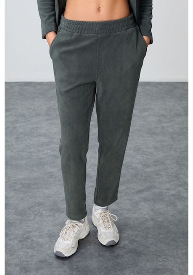 Tommy Life Haki Kalın Yumuşak Dokulu Dik Yaka Oversize Nakışlı Polar Kadın Eşofman Takım -95339 Haki