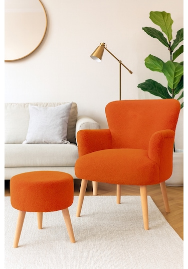 Roma Berjer + Puf Set - Welsoft Yumuşak Kumaş - Ahşap Ayak - Turuncu Turuncu