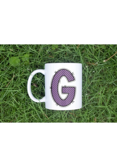 G Harfi Mor Puantiyeli Kupa Bardak - Polka Dot Tasarım Kahve Çay Bardak - Kişiye Özel Hediyelik Beyaz