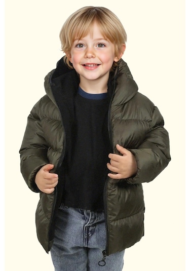 Erkek Çocuk Polarlı Kürklü Kapüşonlu Su Geçirmez Rüzgara Dayanıklı Şişme Kışlık Mont Kaban Haki