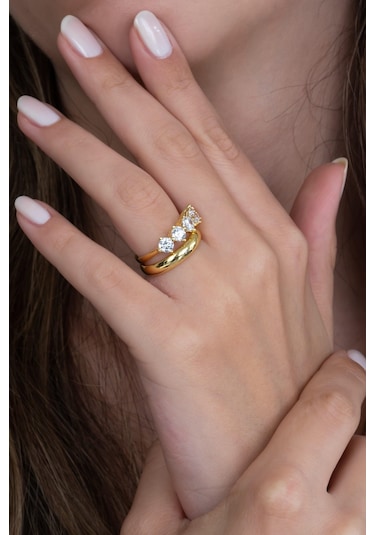 Takı Dükkanı Gold Renk 4mm Gümüş Alyans Ve Hafif Gümüş Beştaş Yüzük Seti Wsr124