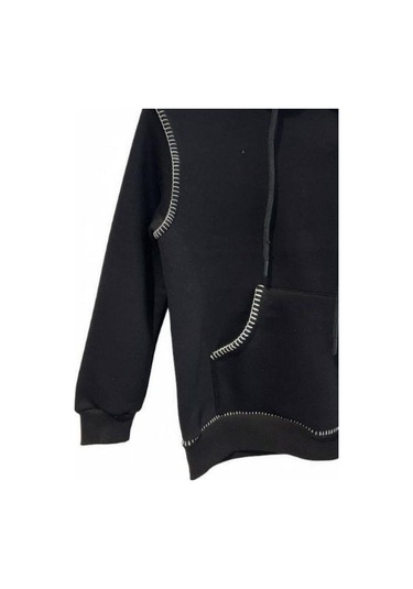 Erkek Çocuk Kapüşonlu Biye Detaylı Şardonlu Kalın Tasarım Sweatshirt-15196 Siyah