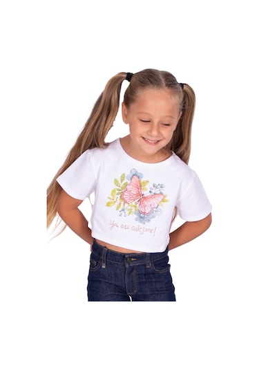 Kız Çocuk Kelebek Desenli Crop Tshirt 001