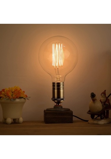 Moly Ahşap Retro Endüstriyel Lamba - Elle Yapımı, On/off Düğme, Şeffaf, E27, Dekoratif Işık Şeffaf