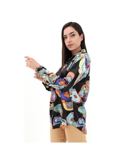 Desenli Saten Gömlek - Siyah-siyah Siyah