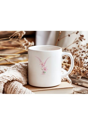 Y Harfi Pembe Çiçek Desenli Kupa Bardak - Zarif Pembe Çiçek Tasarım Kahve Çay Kupası - Hediye Beyaz