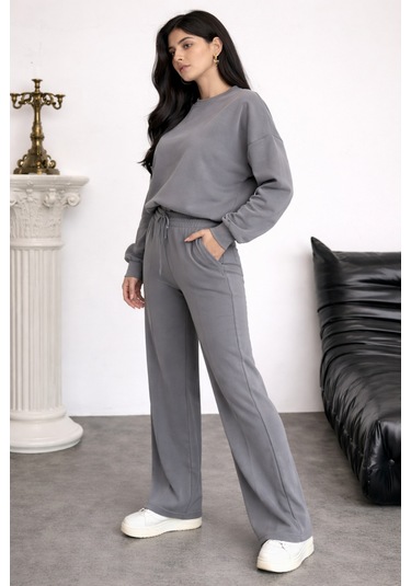 Balenbi Oversize Bisiklet Yaka Basic Modal Kadın Takım 1206 - Form Serisi Gri