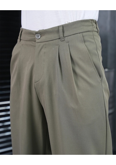 Modefendi Baggy Kesim Pile Detaylı Kumaş Pantolon Haki