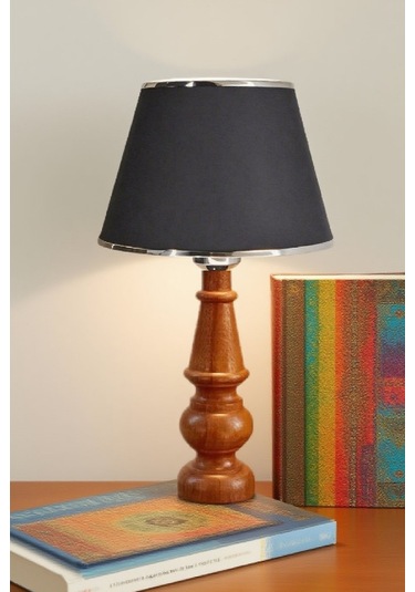 Ahşap Gövdeli Kumaş Başlıklı Dekoratif Abajur Masa Lambası Aydınlatma Lamba Gümüş