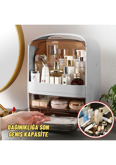 Makyaj Organizer Kozmetik, Fırça Ve Takı Düzenleyici Çok Amaçlı Masaüstü Makyaj Kutusu Bej