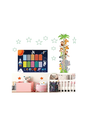 İkili Set Kendinden Yapışkanlı Şeffaf Sevimli Safari Boy Ölçer + Gezegenler Temalı Çarpım Tablosu Poster Çocuk Odası