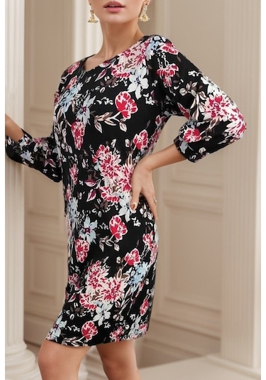 Kadın Uzun Kollu Bisiklet Yaka Dalgıç Mini Boy Elbise Desenli