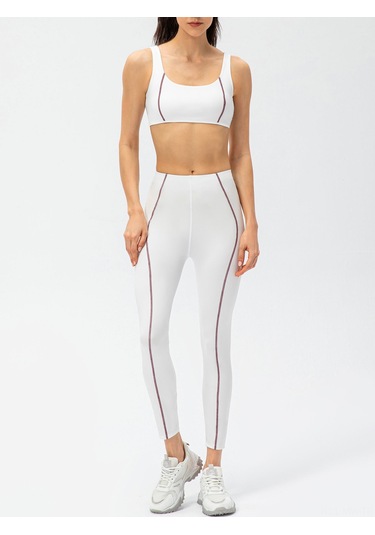 Moveevo Beyaz Kadın Fitness İki Parça Takımı: Yoga Büstiyeri + Tayt, Dekoratif Çizgiler, Avrupa Bedeni 8/l Beyaz