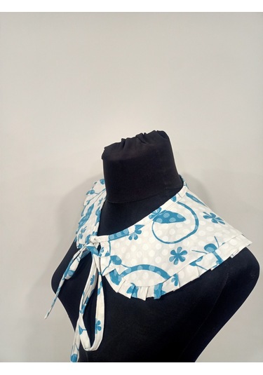 Kadın Fırfır Detay Gömlek Yaka Mavi Desenli Açık Mavi