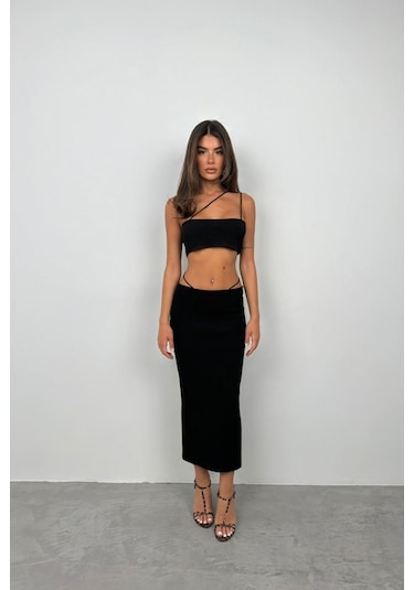 Tanla Butik Askı Detay Straplez Dokulu Crop Siyah