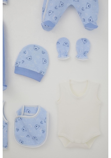 Breeze Erkek Bebek Hastane Çıkışı 8 Li Sevimli Ayıcık Figürlü Yıldız Desenli 0-3 Ay, Mavi Mavi