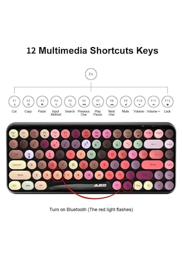 308i Bluetooth Klavye 84 Tuşlu Kablosuz Gaming Vintage Klavye Çok Renkli Daktilo Tarzı Tuşlar