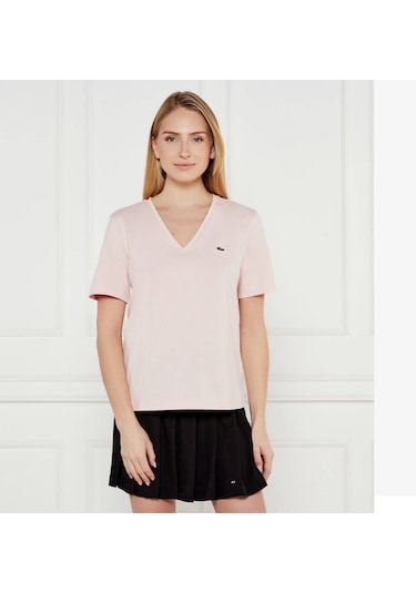 Lacoste V Yaka Organik Pamuk Bayan T-shirt Açık Pembe