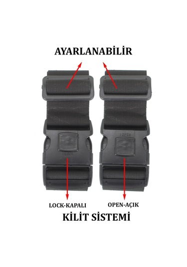 Case Cub 2 Adet Siyah Valiz Bavul Kemeri Aç Kapat Emniyet Kilitli Ayarlanabilir Siyah