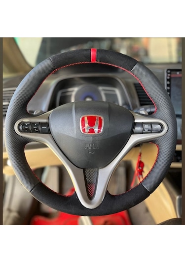 Honda Civic Fd6 Araca Özel Direksiyon Kılıfı Tüylü Alcantra Nokta Kırmızı Yüzüklü