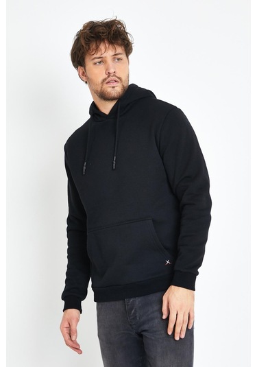Erkek Kapüşonlu Kanguru Cep 3 İplik Sweatshirt Siyah