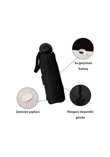 Marlux Mini Süper Çantalı Fermuarlı Kılıflı Rüzgar Koruma 8 Fiber Telli Şemsiye Marlux214ml Kapsül Şemsiye Siyah