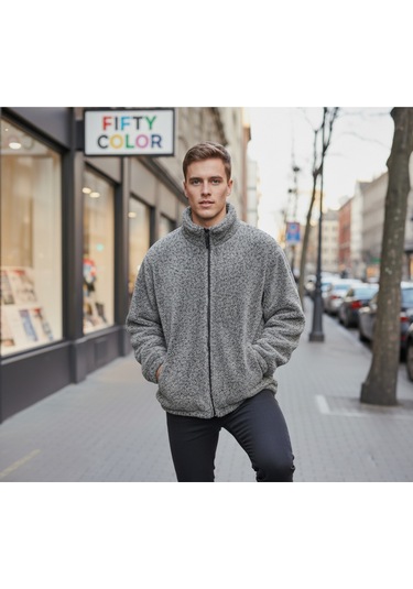Gri Premium Kalite Dik Yaka, Fermuarlı, Polarlı, Peluş Ceket Gri
