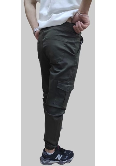 Erkek Jogger Beli Ve Paçası Lastikli Keten Haki Kargo Pantolon Haki