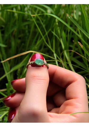 Doğal Taş Yeşil Akik Doğal Taşlı Antik Ayarlanabilir Kadın Yüzük Euy30ya Çok Renkli