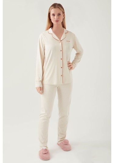 Pierre Cardin 7717 Gömlek Model Kadın Pijama Takım Bej