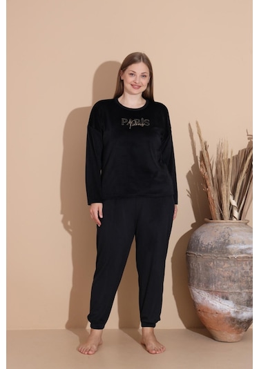 Boyraz Kadın Kışlık Fransız Kadife Büyük Beden Bisiklet Yaka Uzun Kol Pijama Takımı 03134 - 1 Adet Siyah