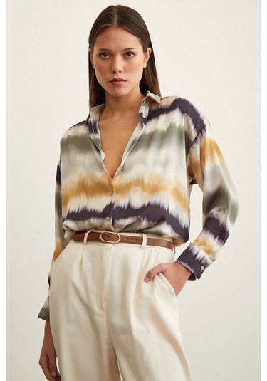 Kadın Uzun Kol Sulu Boya Desenli Renkli Pamuk Saten Premium Kalite Spor Şık Gömlek Haki