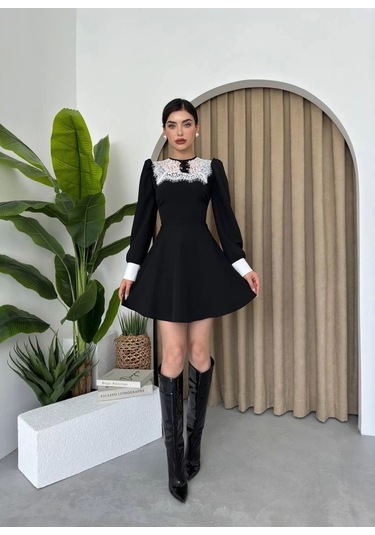 Parma Uzun Kollu Mini Boy Elbise Siyah