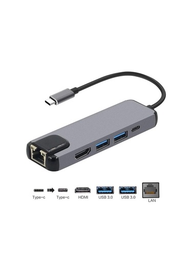 Type C Hub 5 In 1 Type-C To 4K Hdmı + 2X Usb 3.0 + Type-C + Lan