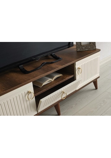 110 CM MDF MEBRAN KAPAK TV SEHPASI BAROK CEVİZ - KREM