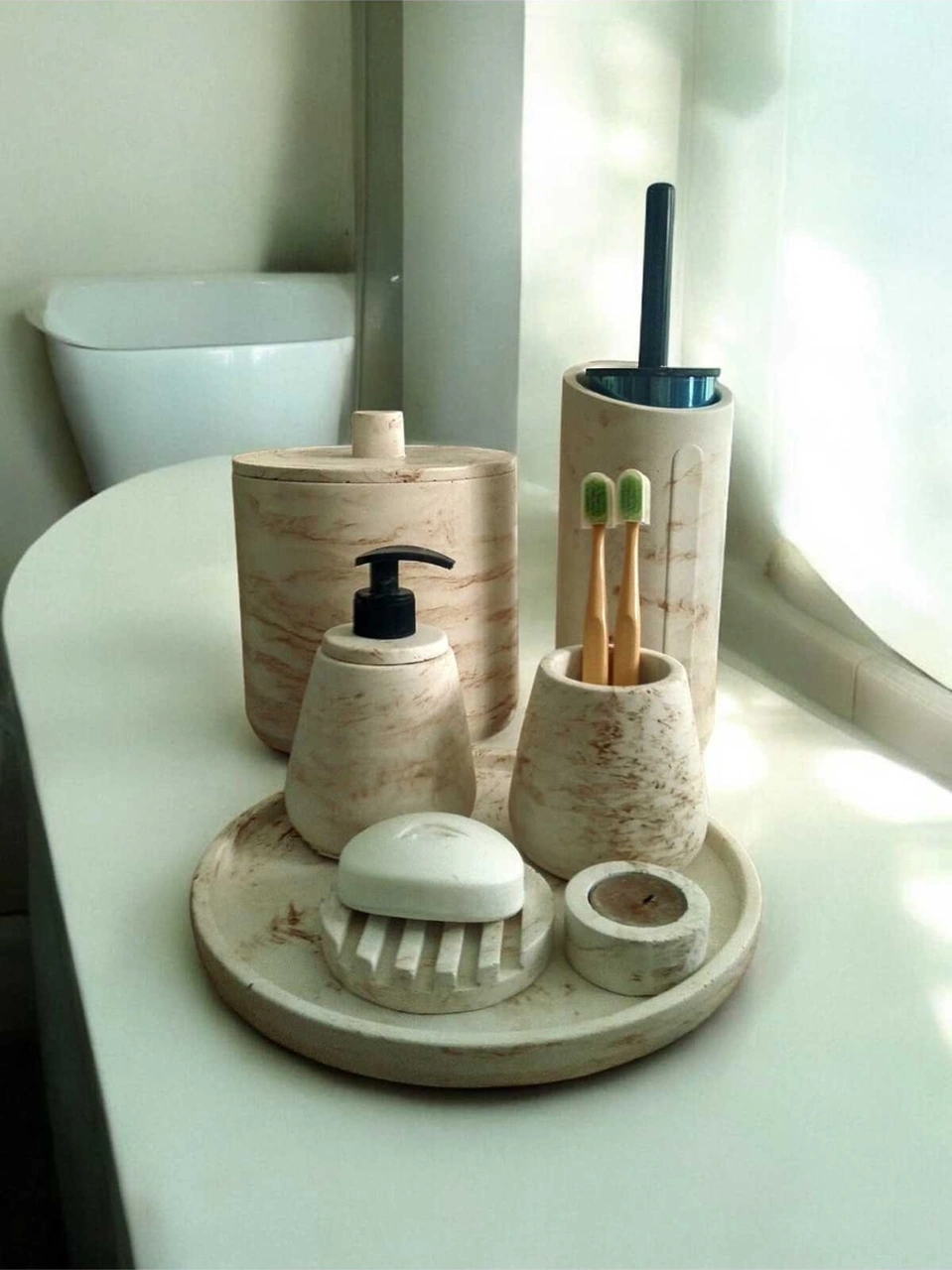 Mermer Desen Bej Beton Banyo Seti,tuvalet Fırçası,çöp Kovası,katı,sıvı Sabunluk,tepsi,mumluk Bej