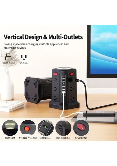 Xuweiwei Passus Power Tower 12 Ac Cikisli 5 Usb Portlu Gece Lambali Surge Protector Zh Black Night Light 11811 Inch