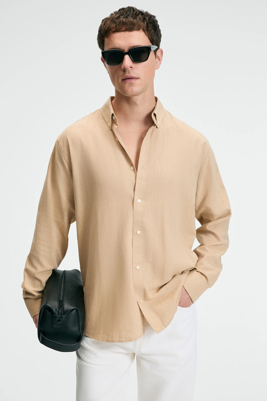 Grımelange Perttu Erkek %100 Pamuk Slim Fit Dar Kesim Düğmeli Yaka Keten Görünümlü Flamlı Bej Gömlek Bej