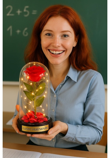 Sevgiliye Eşe Öğretmenler Gününe Anlam Katan Özel Fanusta Led Işıklı Canım Öğretmenim Hediye Biblosu Çok Renkli