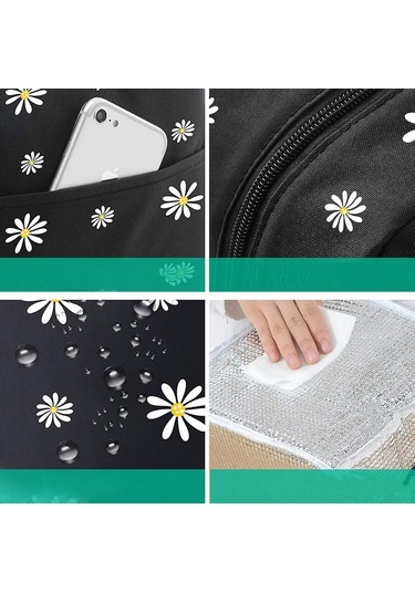 Yalıtımlı Öğle Yemeği Çantası, Papatya Desenli Taşınabilir Termal Soğutucu Çanta, Kadınlar İçin Öğle Yemeği Kutusu Düzenleyici Tote Çanta Siyah Çok Renkli