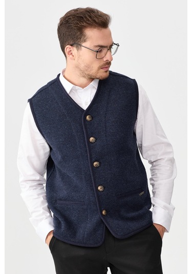 Erkek V Yaka Keçe Aksesuarlı Pike Dokuma Yün Yelek K.lacivert K.lacivert