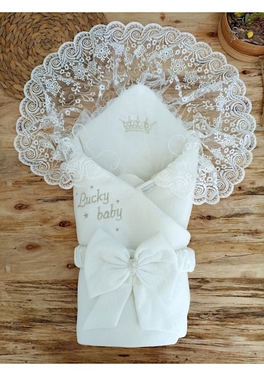 Dantelli Bebek Kundağı Bebek Dış Kundak Battaniyesi Hastane Çıkışı Yenidoğan Hediyelik Anakucağı Ekru