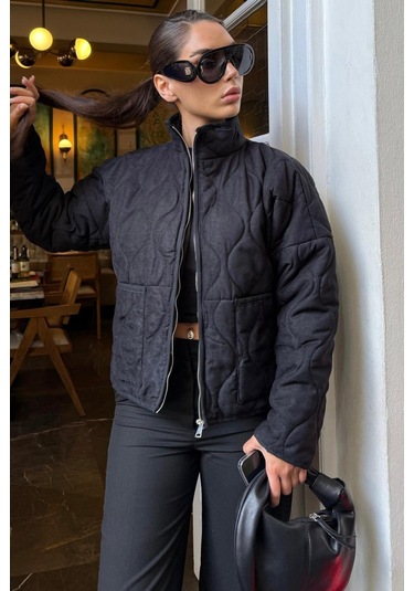 Siyah Dik Yaka Kapitone Kadın Mont Mg2568 Siyah