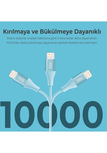 Bix ﻿BXSC1CL 60W Type-C To 1.2 M Lightning Silikon Şarj ve Data Kablosu Mavi