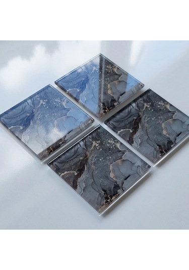 Decorita Cam Bardak Altlığı Gri Gold Mermer 4'lü Takım 10 x 10 CM Gri