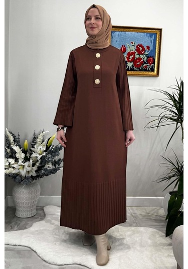Banu Broşlu Triko Elbise Kahve Normal