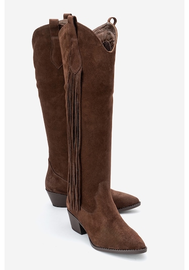 Rios Kahverengi Hakiki Deri Süet Püsküllü Kadın Kalın Topuklu Çizme Kahverengi