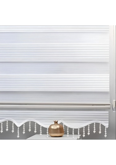Kidmex Beyaz Piliseli Boncuklu Kumaş Zebra Stor Perde